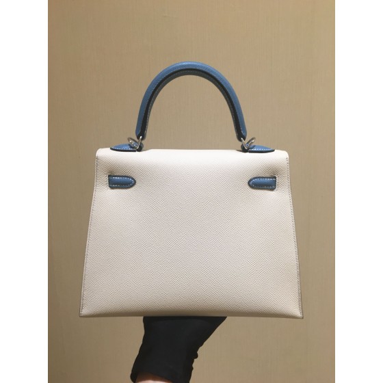Kelly25cm silver epsom leather milkshake white spell denim blue