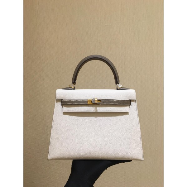 Kelly25cm epsom leather gold buckle milkshake white fight elephant gray