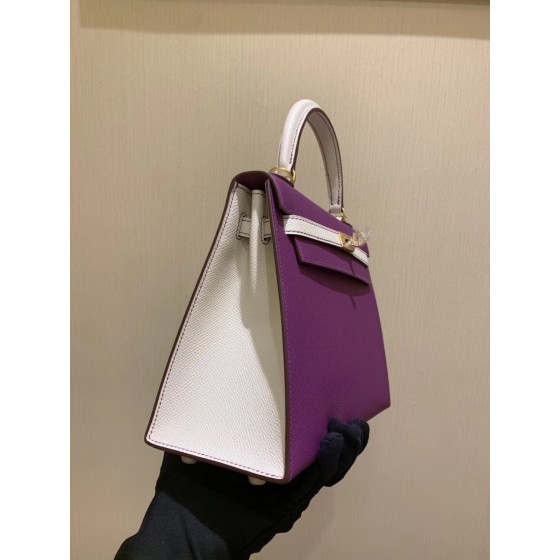 Kelly25cm brushed hardware epsom horseshoe print leather P9 sea anemone purple with ck10 milkshake white