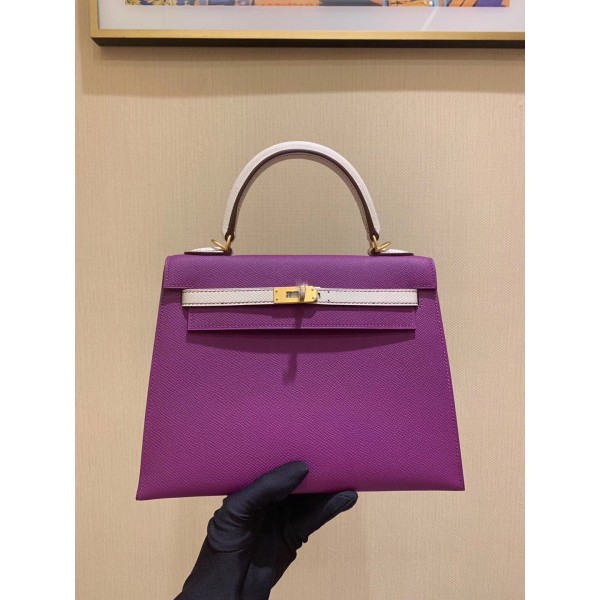 Kelly25cm brushed hardware epsom horseshoe print leather P9 sea anemone purple with ck10 milkshake white