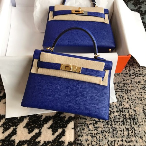 Mini second generation electric blue original epsom leather gold buckle