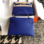 Mini second generation electric blue original epsom leather gold buckle