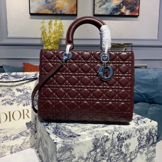 DIOR Lady Seven Grid Daifei Wine Red Silver Button