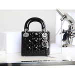 Black and Silver  Lady Dior vine check patent leather cow leather mini handbag