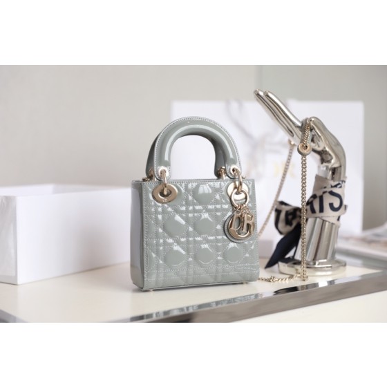 Rock Grey Lady Dior vine check patent leather cow leather mini handbag
