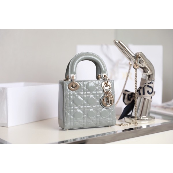 Rock Grey Lady Dior vine check patent leather cow leather mini handbag