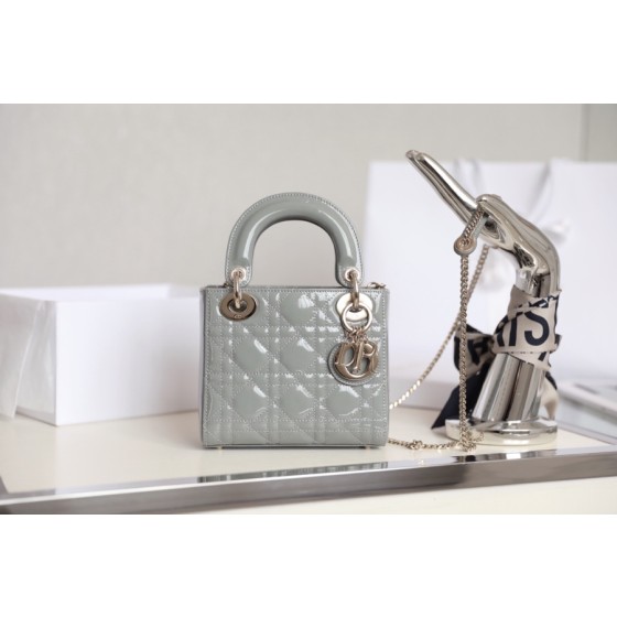 Rock Grey Lady Dior vine check patent leather cow leather mini handbag