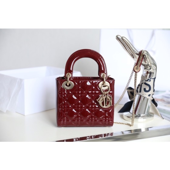 Wine Red  Lady Dior vine check patent leather cow leather mini handbag