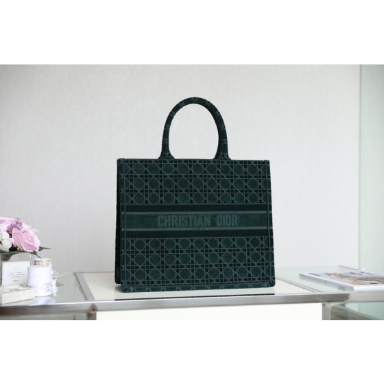 DIOR TOTE embroidered vine check pattern dark green velvet