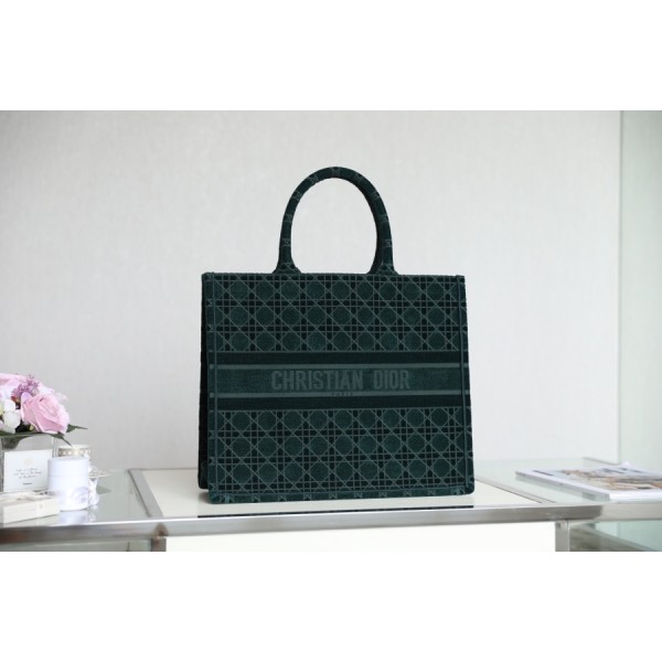 DIOR TOTE embroidered vine check pattern dark green velvet