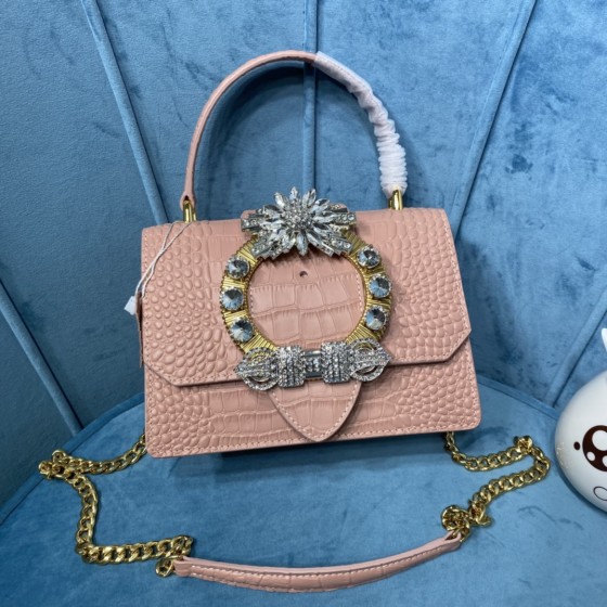 MIU MIU 5BA196 Lady Leather Handbag Decorated with Gorgeous Imitation Crystal Jewelry Buckle