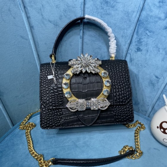MIU MIU 5BA196 Lady Leather Handbag Decorated with Gorgeous Imitation Crystal Jewelry Buckle