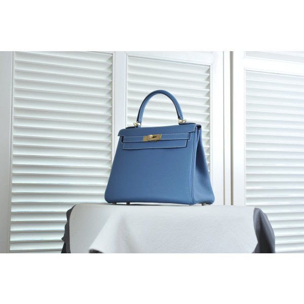 Kelly 28 denim blue togo leather gold buckle