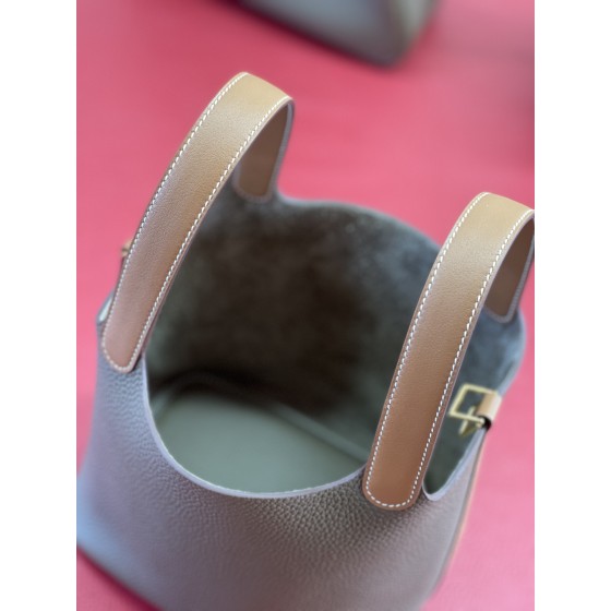 picotin18cm elephant gray and golden brown tc and swift leather gold buckle
