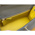 Kelly25 Elephant gray epsom leather with amber yellow inside and frosted gold buckle