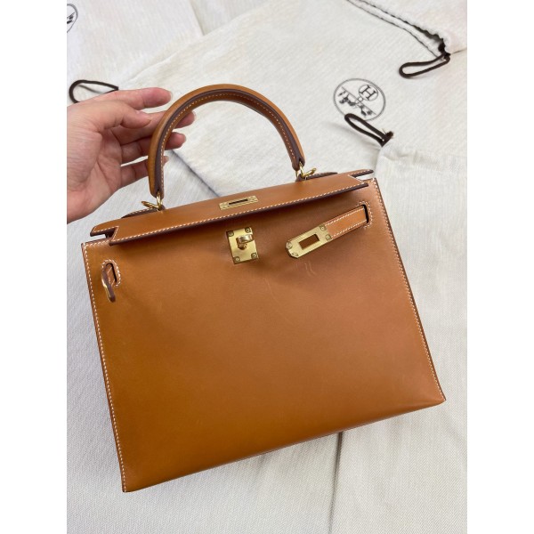 Kelly25 Golden Brown Saddle Leather Gold Buckle Outseam