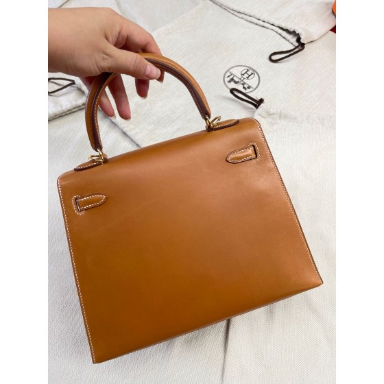 Kelly25 Golden Brown Saddle Leather Gold Buckle Outseam