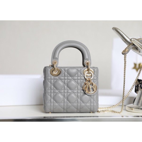 Lady grey rattan checkered lacquered GR original sheepskin mini Three compartments