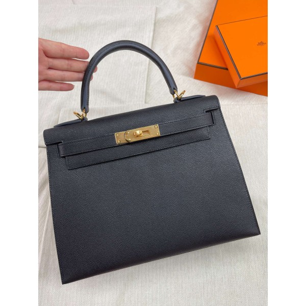 Kelly28 black epsom leather gold buckle