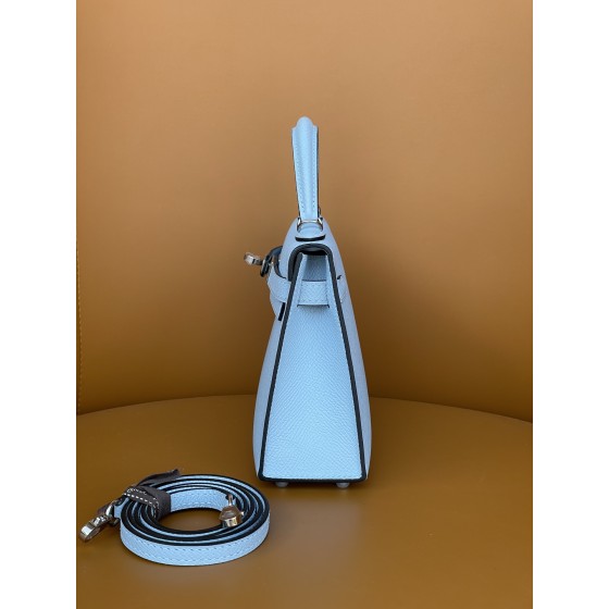 mini Kelly second generation haze blue epsom leather silver buckle