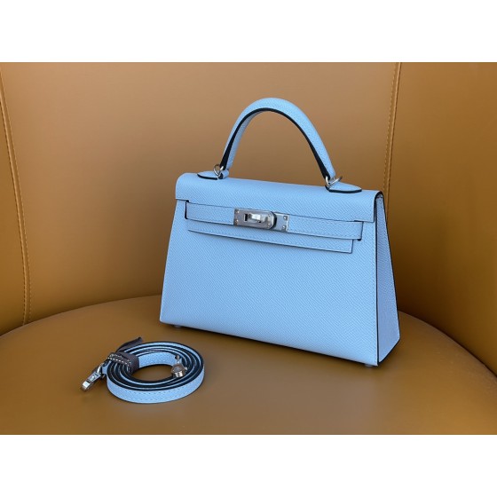 mini Kelly second generation haze blue epsom leather silver buckle