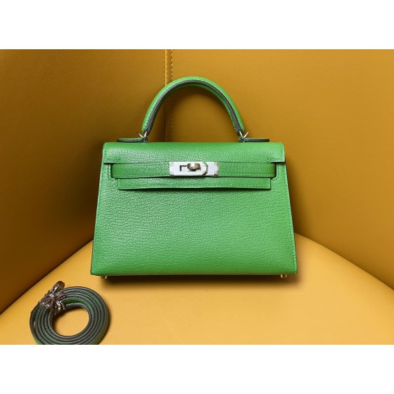 Mini Kelly II Bamboo Green Goatskin Silver Buckle