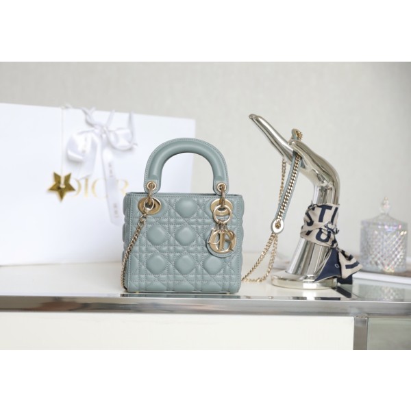 Lady haze blue vine checkered lacquered GR original sheepskin mini Three compartments