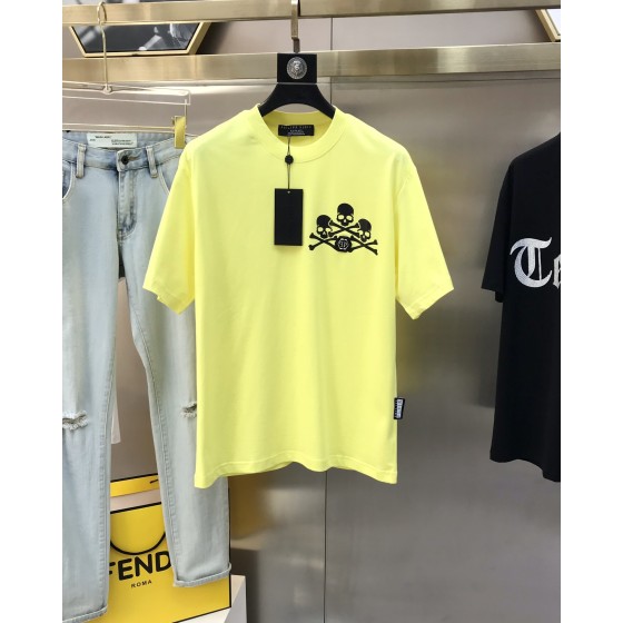 Philippe Plaine Men's Round Neck Short Sleeve T-shirt 3D Adhesive Letter Logo Skull Head