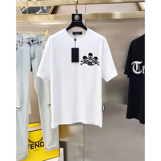 Philippe Plaine Men's Round Neck Short Sleeve T-shirt 3D Adhesive Letter Logo Skull Head