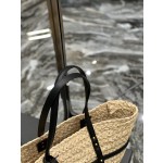 SAINT LAURENT  中号拉菲草和光滑皮革手袋款号：685634