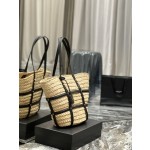 SAINT LAURENT  中号拉菲草和光滑皮革手袋款号：685634