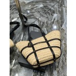 SAINT LAURENT  中号拉菲草和光滑皮革手袋款号：685634