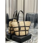 SAINT LAURENT  中号拉菲草和光滑皮革手袋款号：685634