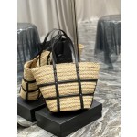 SAINT LAURENT  中号拉菲草和光滑皮革手袋款号：685634