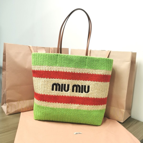 MIU MIU BG228: Imported Lafite Grass Woven Cotton Thread Woven Tote Bag