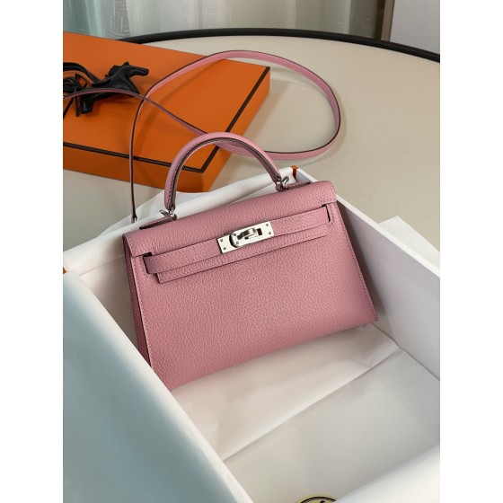 Mini Kelly 2nd Generation Cherry Blossom Pink Goat Leather Silver Buckle