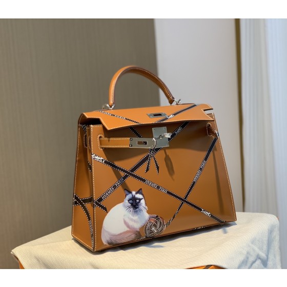 Kelly28 Imported box leather golden brown limited edition painted