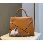 Kelly28 Imported box leather golden brown limited edition painted