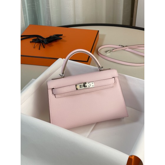 mini Kelly 3q powder swift leather silver buckle