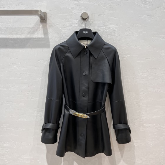Fendi Style Long Belt Leather Windbreaker