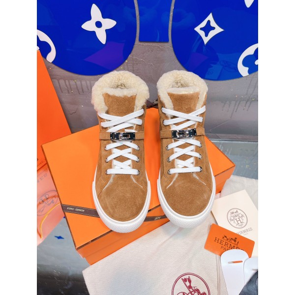 Hermes fur lining Kelly buckle casual shoes