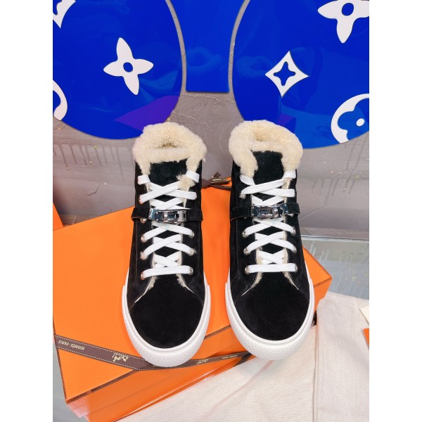 Hermes fur lining Kelly buckle casual shoes