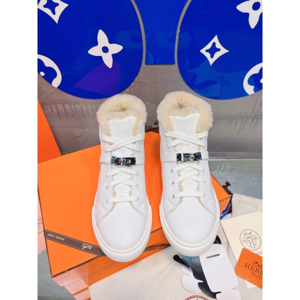 Hermes fur lining Kelly buckle casual shoes