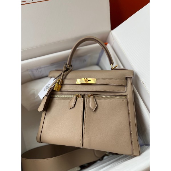 Kelly Lakis 28cm S2 trench coat gray gold buckle Imported swift leather hand-sewn wax thread