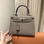Kelly25cm, asphalt gray, palm grain leather, silver buckle
