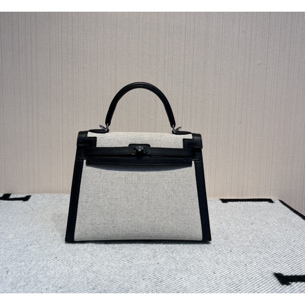 Kelly 25 canvas and swift leather second-hand bag