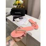 CHANEL denim chain herringbone slippers