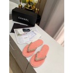 CHANEL denim chain herringbone slippers