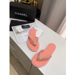 CHANEL denim chain herringbone slippers