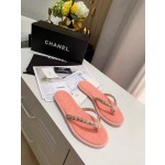 CHANEL denim chain herringbone slippers